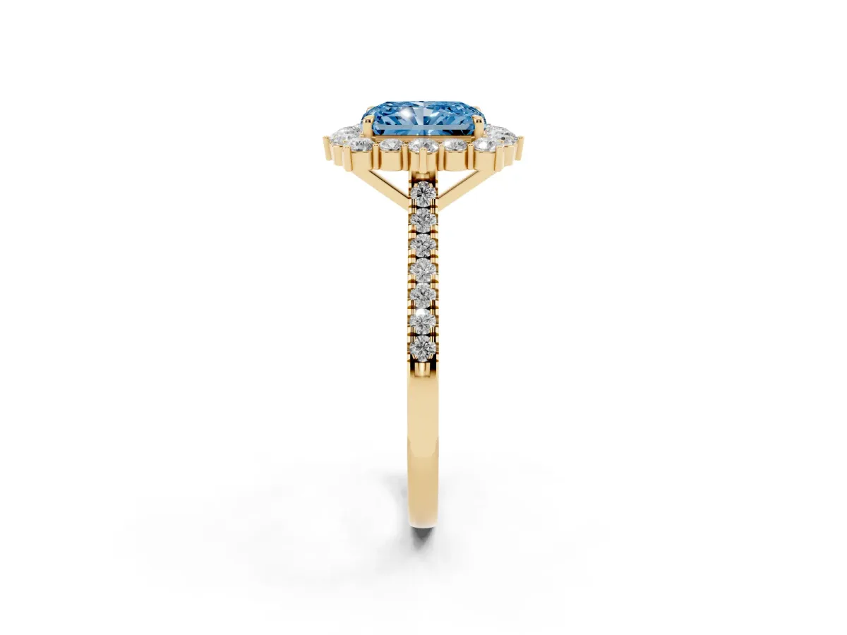 Fancy Blue Radiant Cut Halo Diamond Ring with Pavé Band and Prong Setting Yellow gold