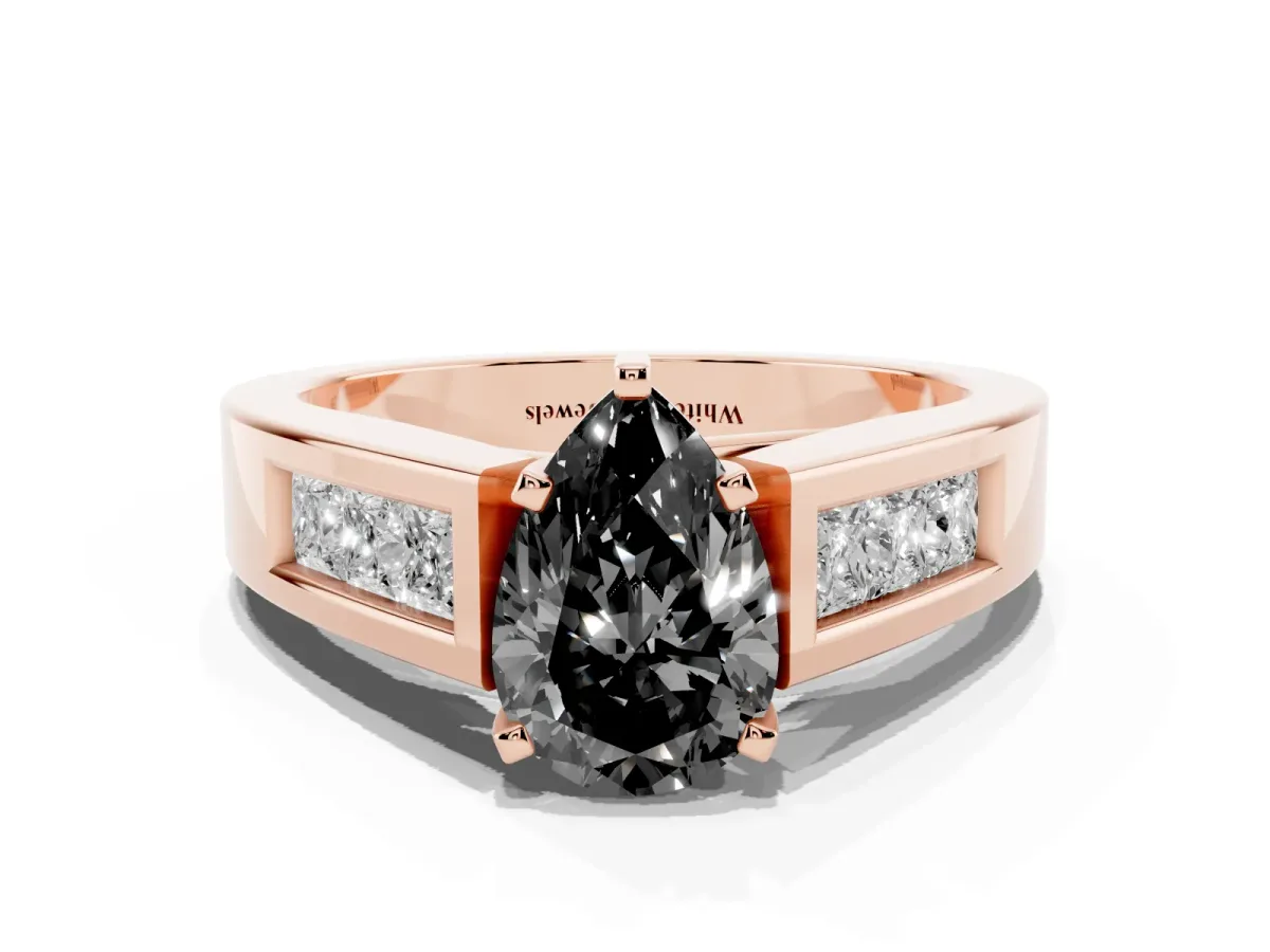 Fancy Black Pear Cut Cut Channel Set Solitaire Ring with Four-Prong Setting Rose gold