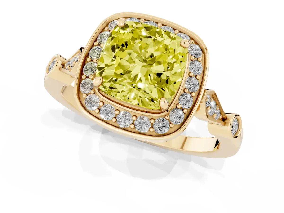 Fancy Yellow Cushion Cut Halo Diamond Engagement Ring with Twisted Band and Four-Prong Setting Yellow gold