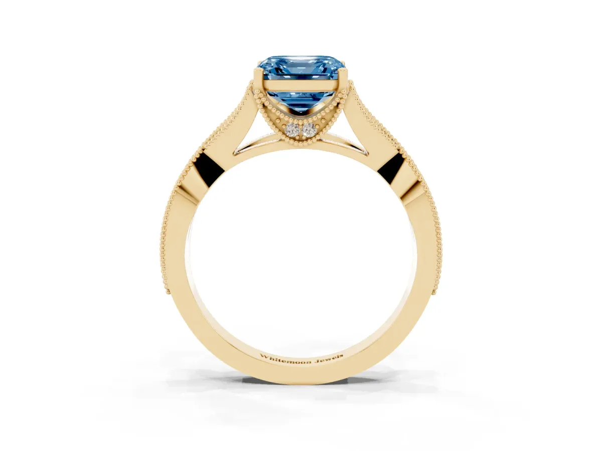 Fancy Blue Asscher Cut Cut Diamond Twisted Band with Milgrain Pave Setting and Four-Prong Setting Yellow gold