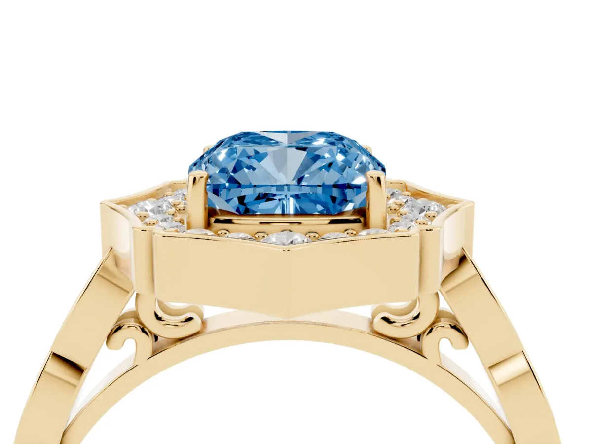 Fancy Blue Cushion Cut Halo Diamond Engagement Ring with Milgrain Band and Four-Prong Setting Yellow gold
