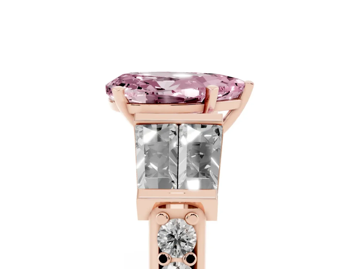 Fancy Pink Pear Cut Diamond Engagement Ring with Baguette Side Stones and Channel Set Band Rose gold