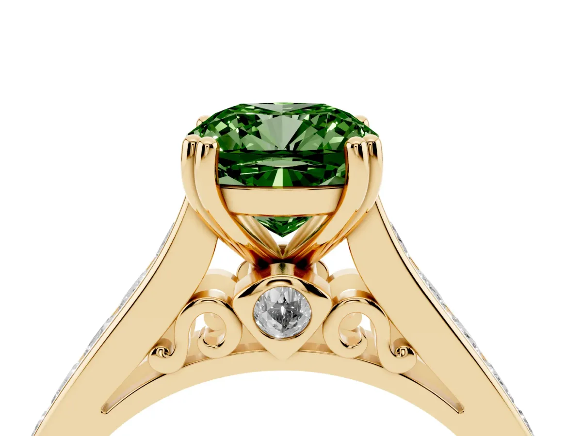 Fancy Green Cushion Cut Cut Channel Set Solitaire Engagement Ring with Prong Setting Yellow gold