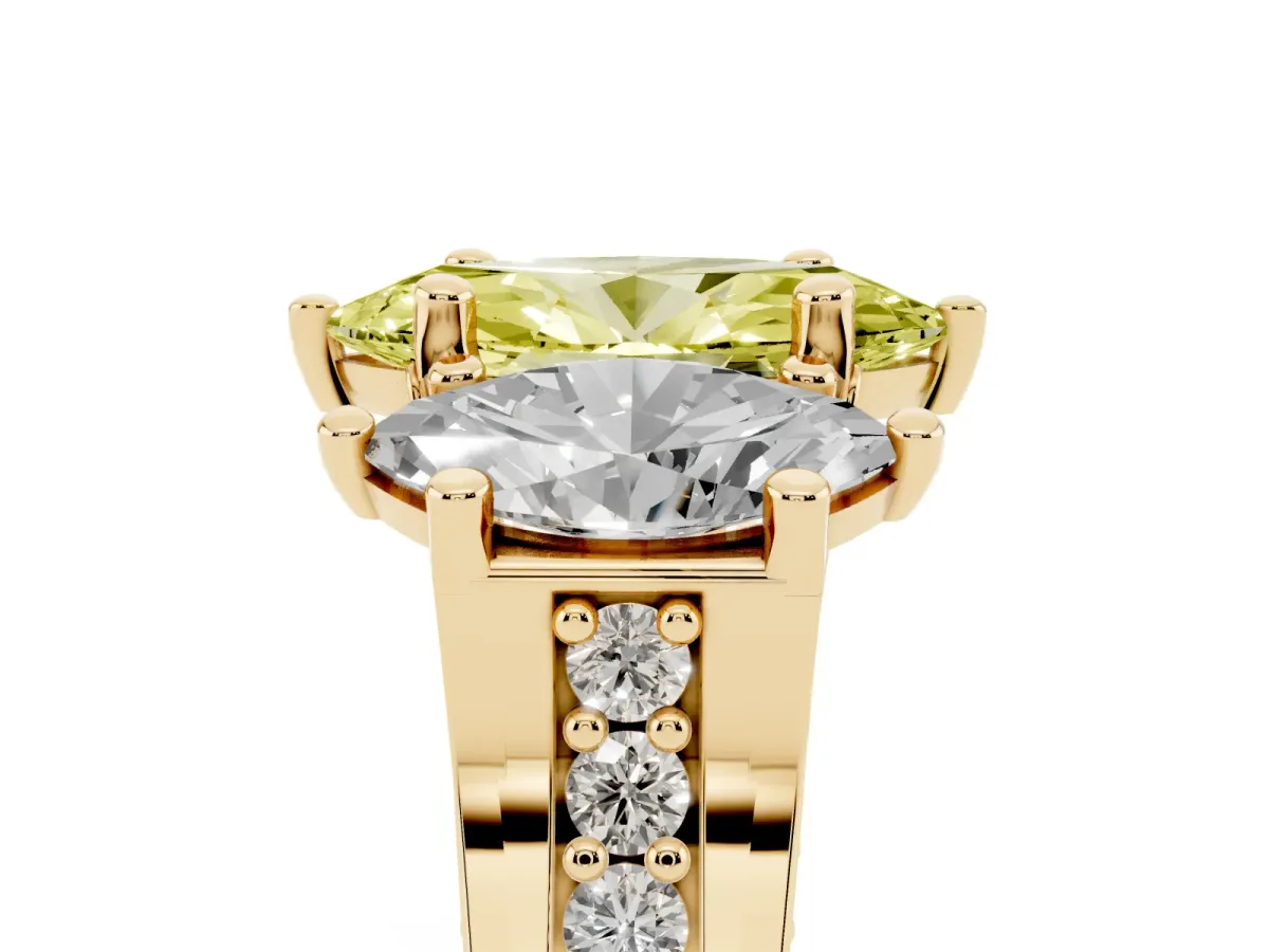 Fancy Yellow Marquise Cut Diamond Three-Stone Ring with Channel Set Band and Four-Prong Setting Yellow gold