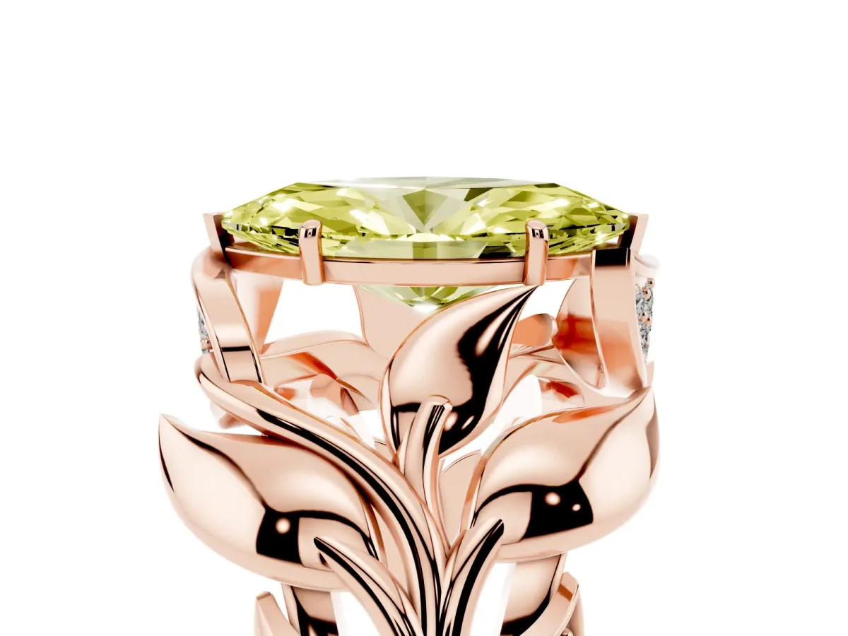 Fancy Yellow Marquise Cut Diamond Leaf-Inspired Engagement Ring with Round Accents and Prong Setting Rose gold