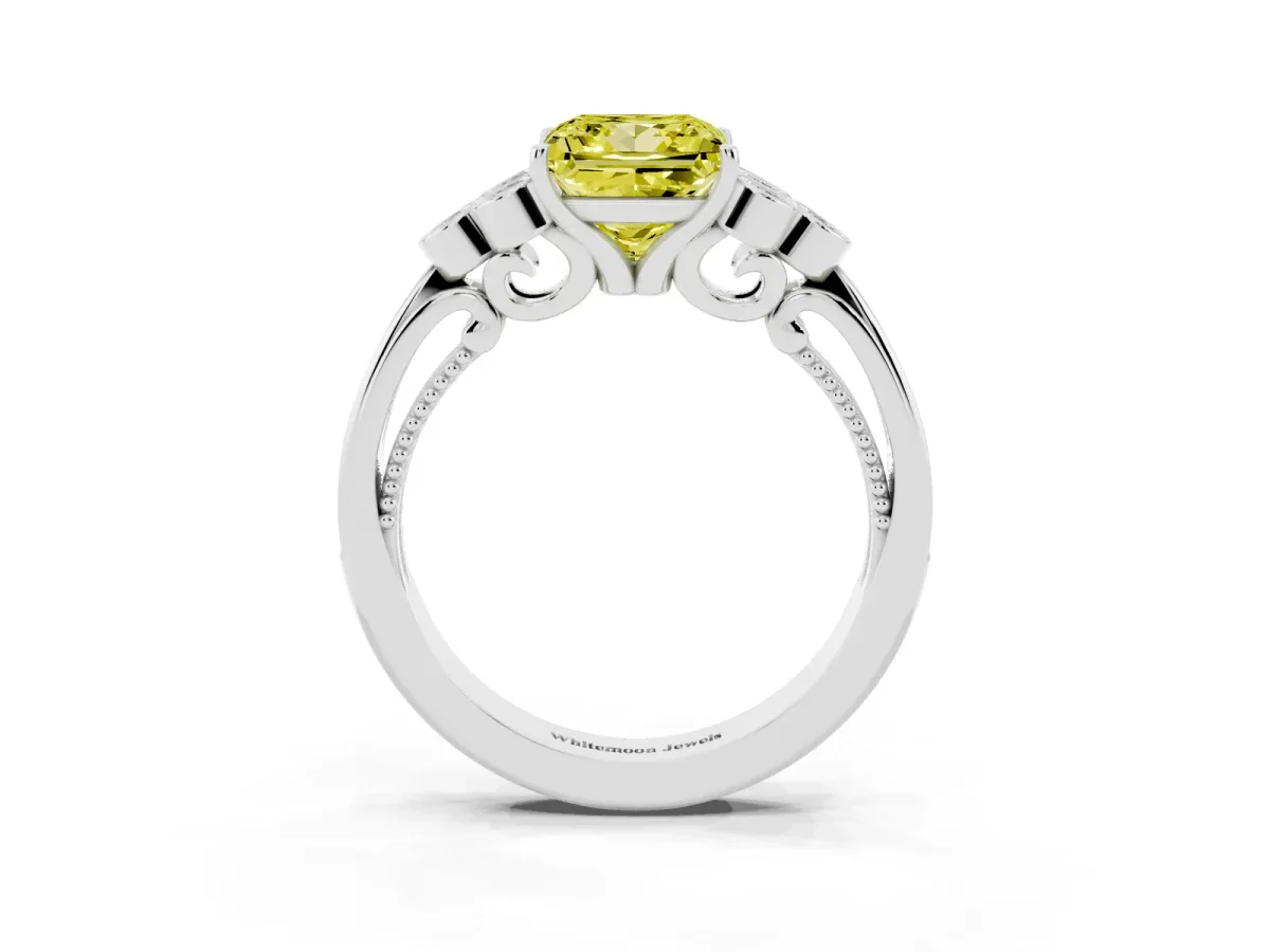 Fancy Yellow Princess Cut Cut Diamond Engagement Ring with Bezel Set Round Side Stones and Prong Setting Silver
