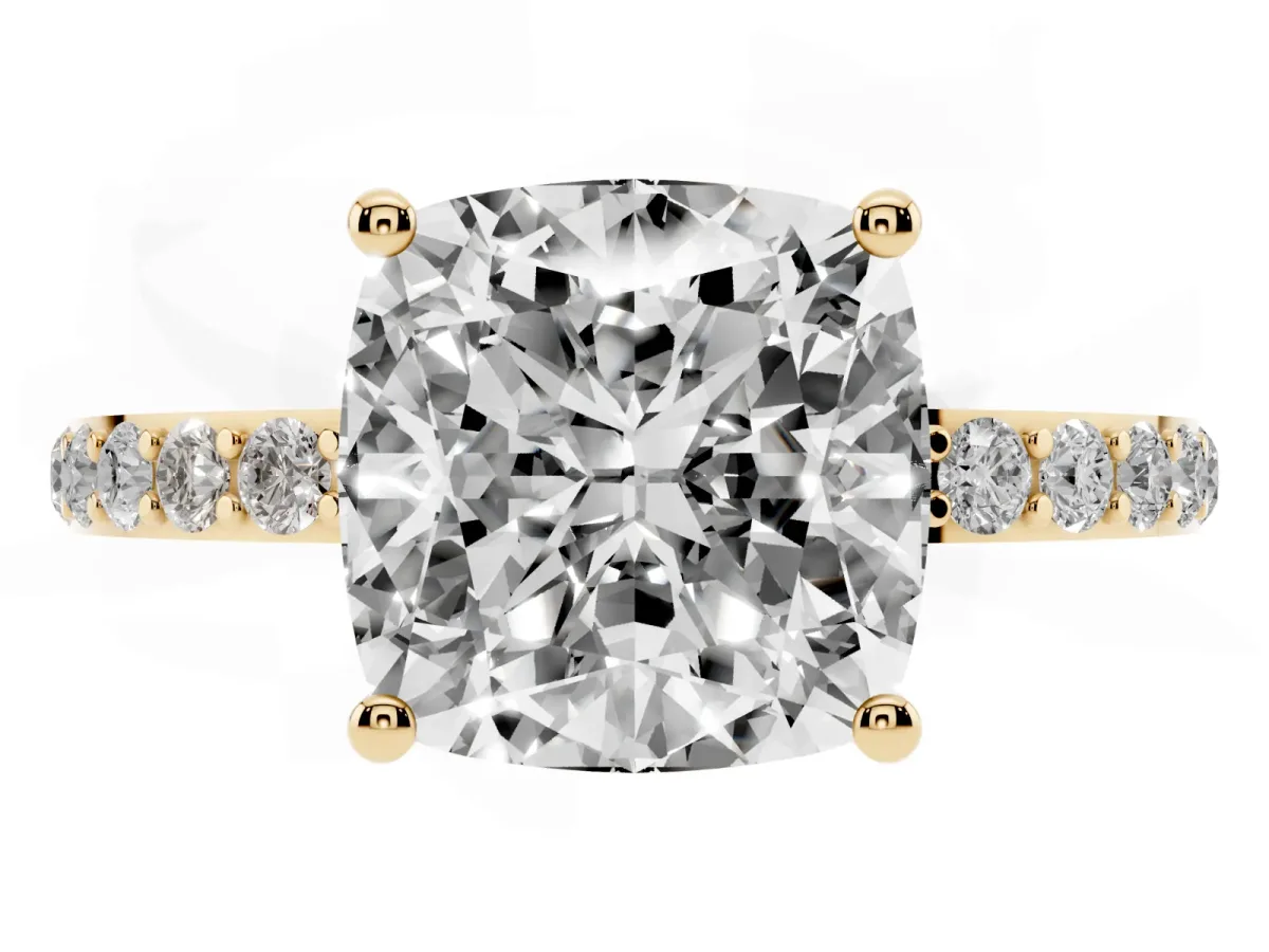 Cushion Cut Diamond Solitaire Ring with Round Pavé Shoulders and Prong Setting Yellow gold