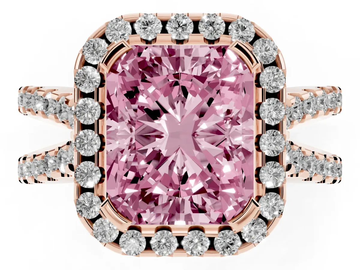 Fancy Pink Radiant Cut Diamond Halo Ring with Split Shank Pavé Band and Prong Setting Rose gold