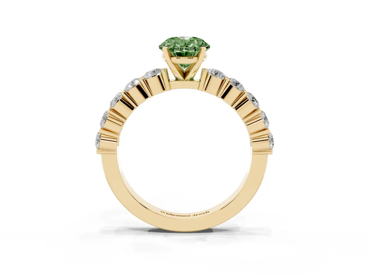 Fancy Green Oval Cut Diamond Solitaire Ring with Shared Prong Round Side Stones Yellow gold