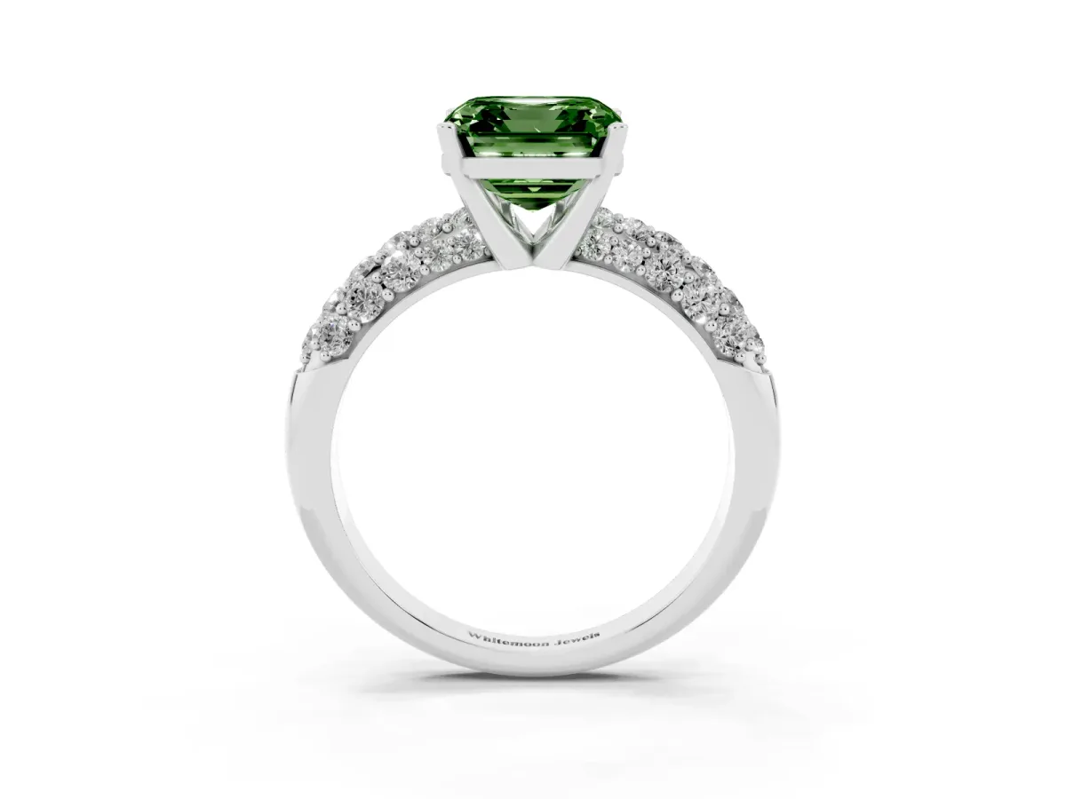 Fancy Green Asscher Cut Diamond Pavé Band Solitaire Ring with Four-Prong Setting Silver