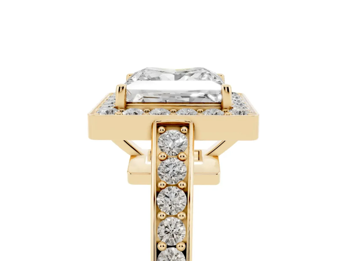 Princess Cut Halo Pavé Diamond Engagement Ring with Bezel Setting Yellow gold