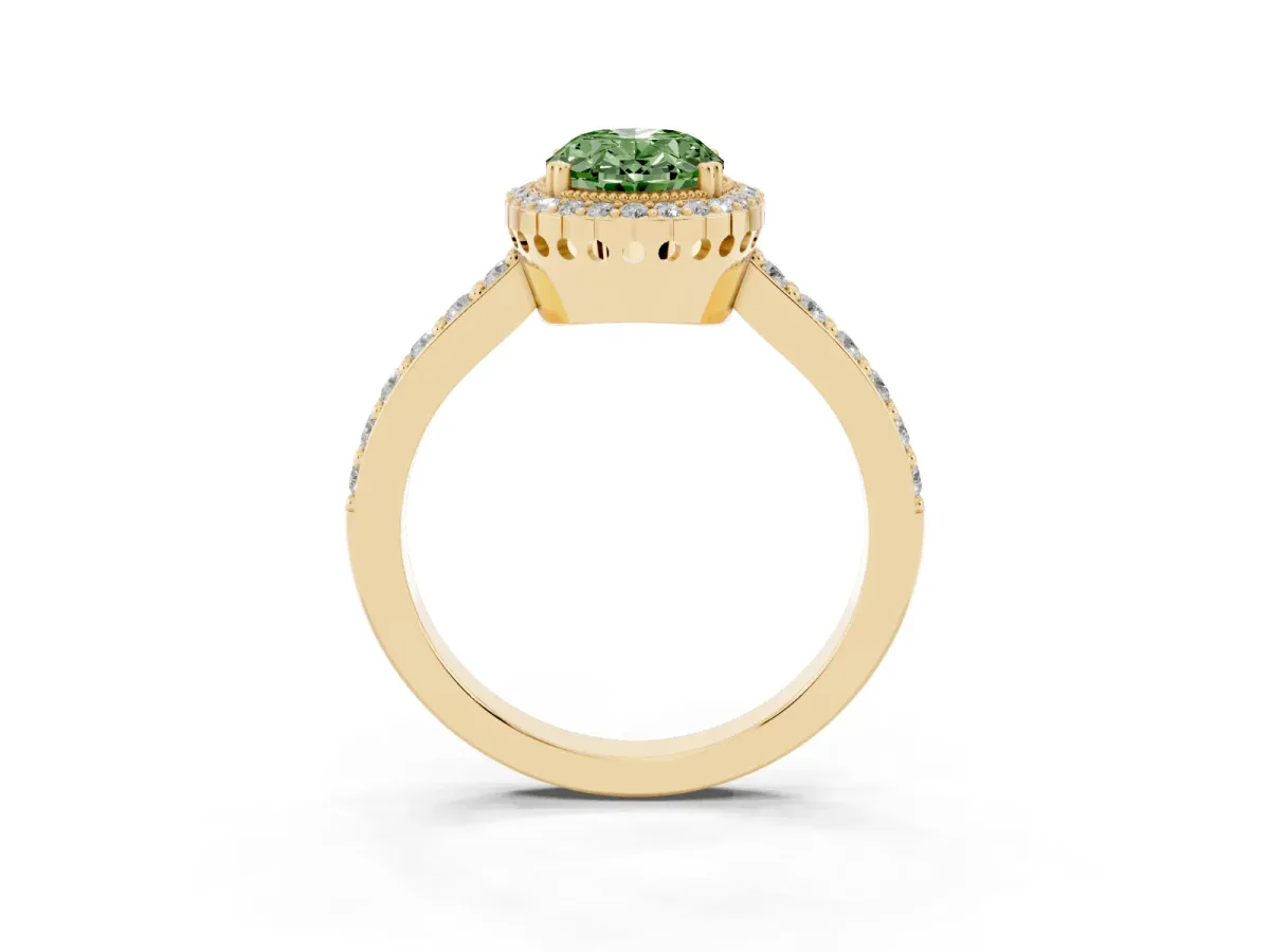 Fancy Green Oval Cut Cut Diamond Halo Engagement Ring with Milgrain Detail and Pavé Band Yellow gold
