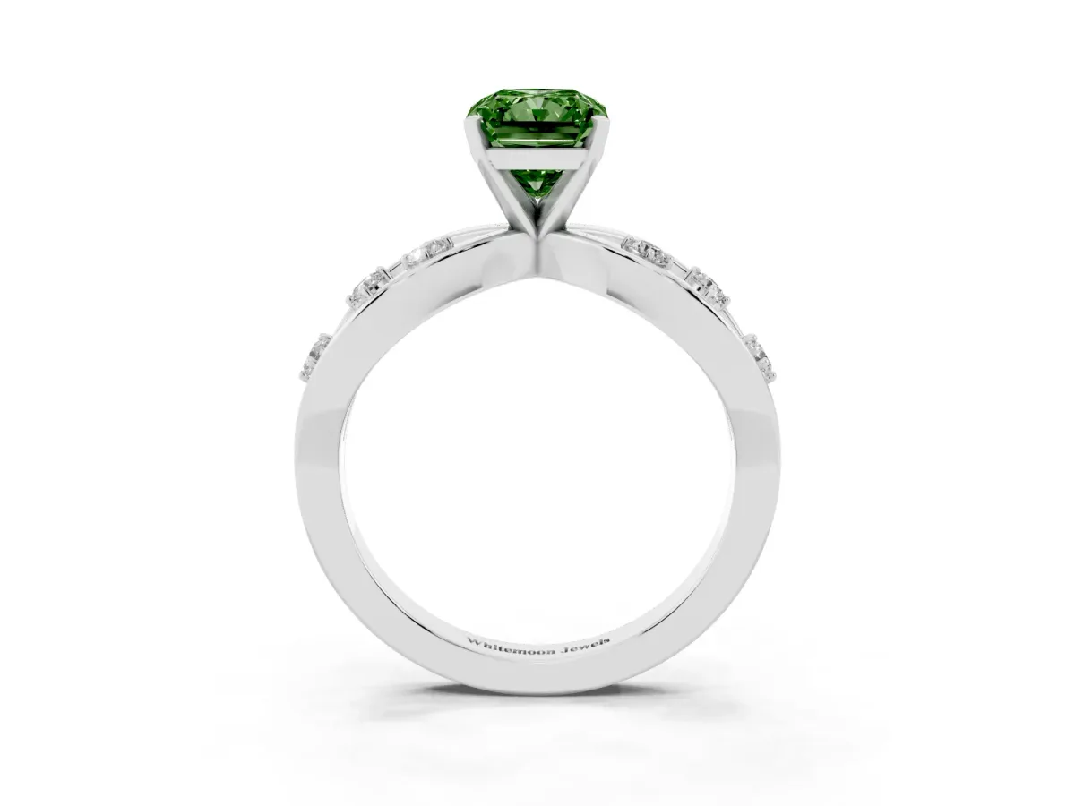 Fancy Green Radiant Cut Cut Solitaire Diamond with Side Stones on Criss-Cross Band and Four-Prong Setting Platinum