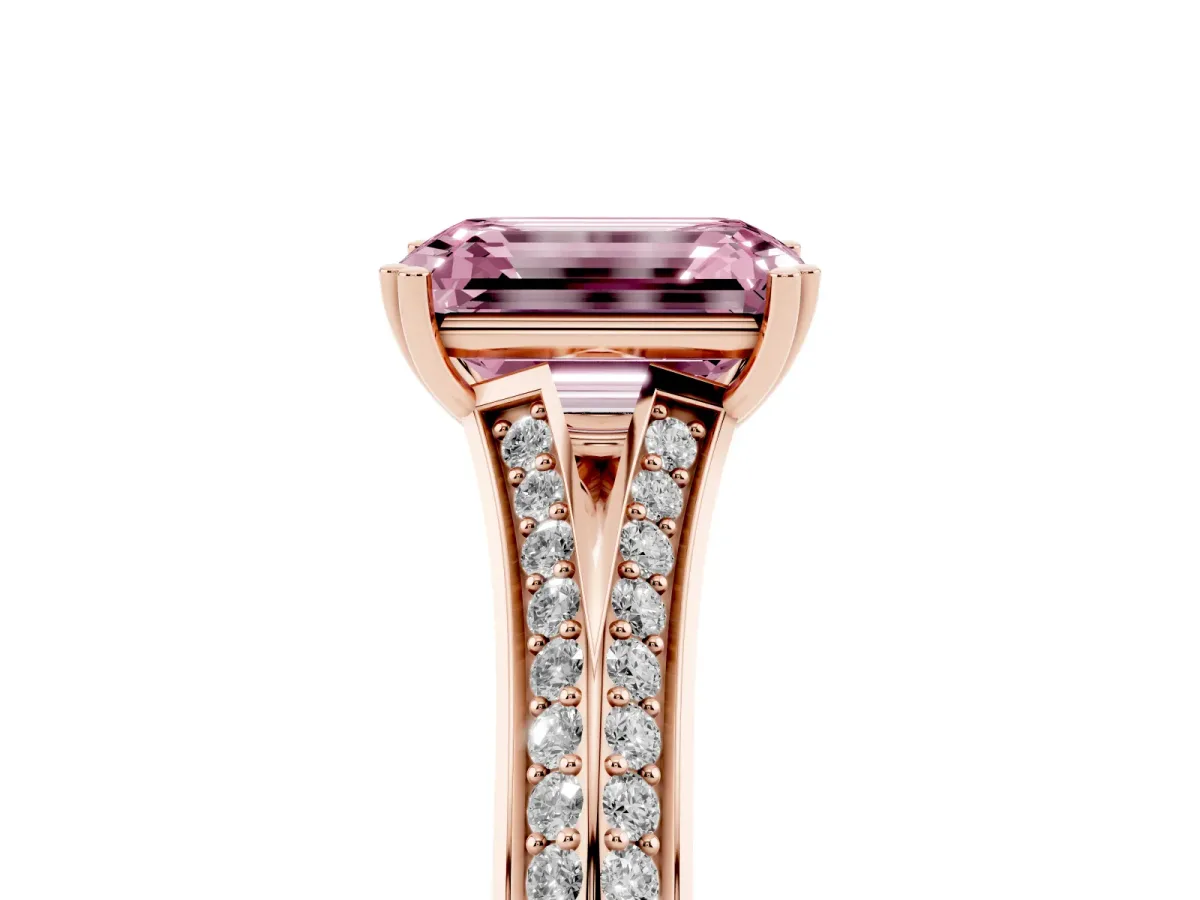 Fancy Pink Emerald Cut Diamond Split Shank Engagement Ring with Pavé Band Rose gold