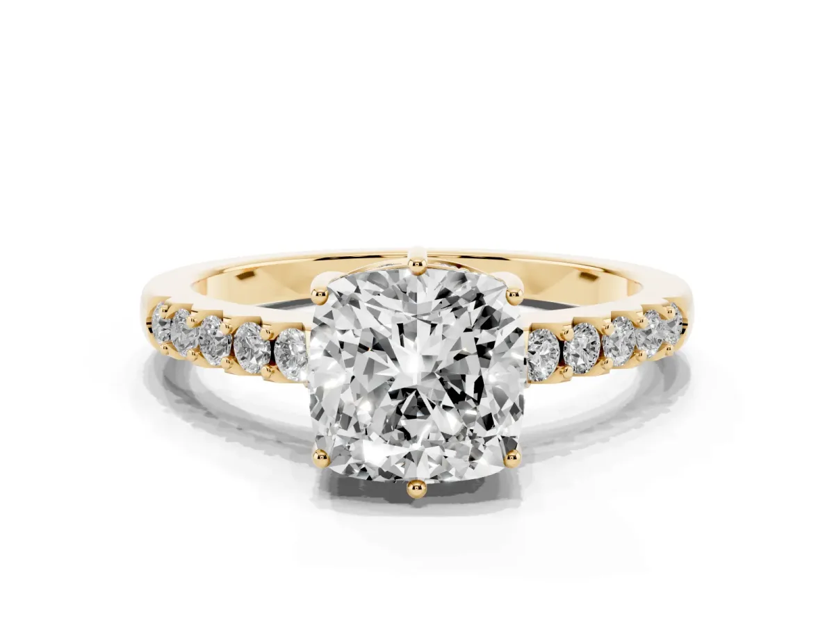 Cushion Cut Solitaire Diamond Engagement Ring with Pavé Band and Six-Prong Setting Yellow gold