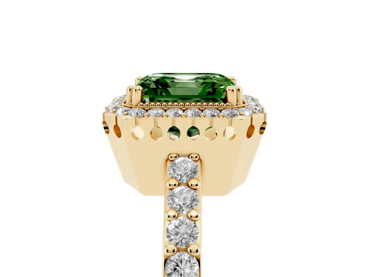 Fancy Green Asscher Cut Cut Diamond Halo Engagement Ring with Milgrain Detail and Pavé Band Yellow gold