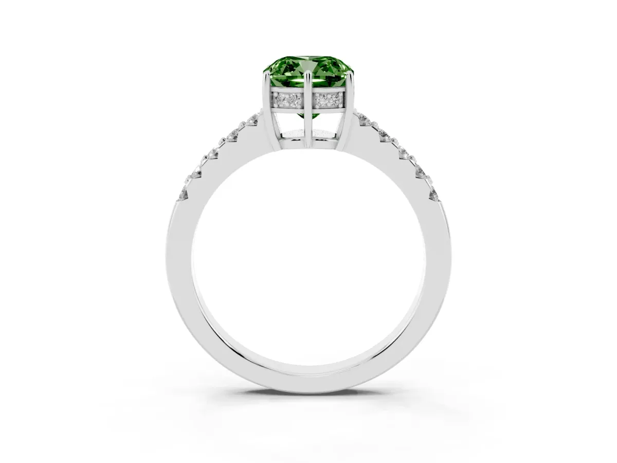 Fancy Green Cushion Cut Solitaire Diamond Engagement Ring with Pavé Band and Six-Prong Setting Silver