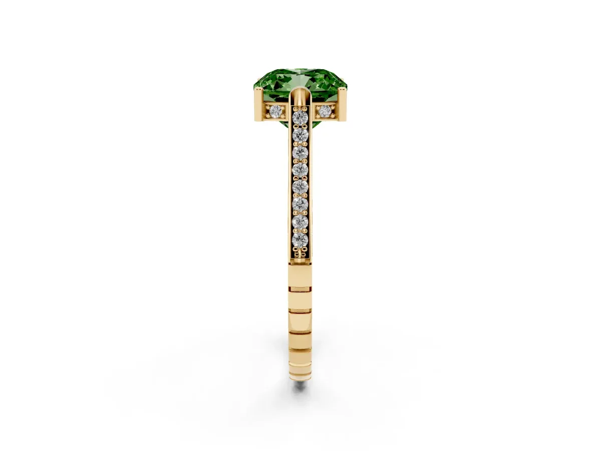 Fancy Green Cushion Cut Solitaire Diamond Ring with Channel Set Band and Bezel Prong Setting Yellow gold