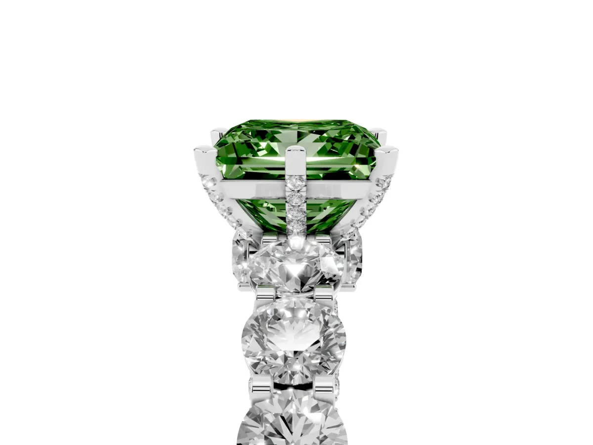 Fancy Green Princess Cut Diamond Side Stone Engagement Ring with Four-Prong Setting Silver