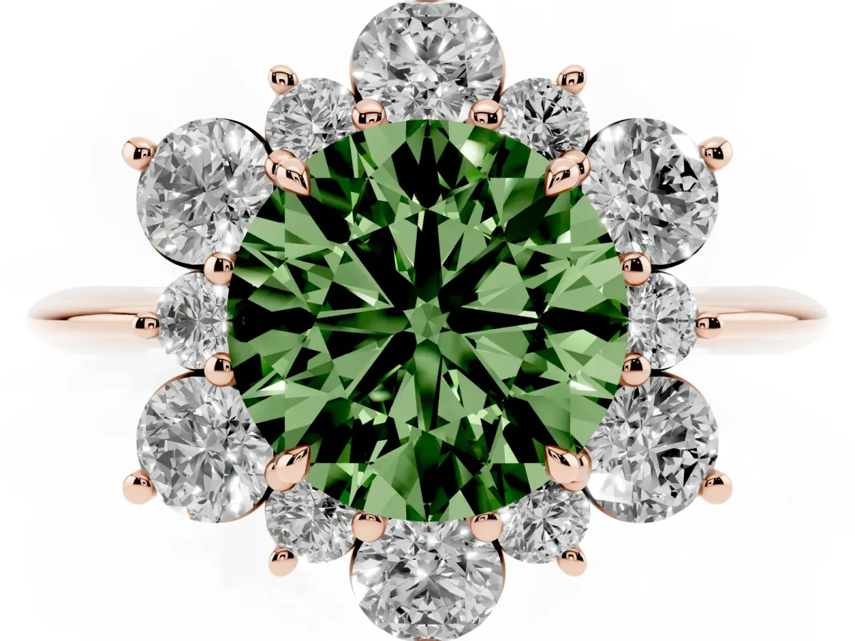 Fancy Green Round Cut Diamond Cluster Halo Ring with Solitaire Band and Four-Prong Setting Rose gold