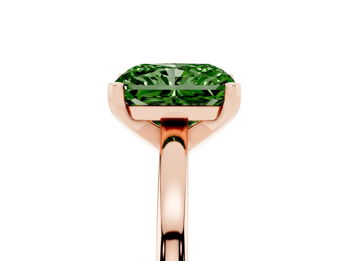 Fancy Green Radiant Cut Solitaire Diamond Engagement Ring with Four-Prong Setting on a Classic Band Rose gold