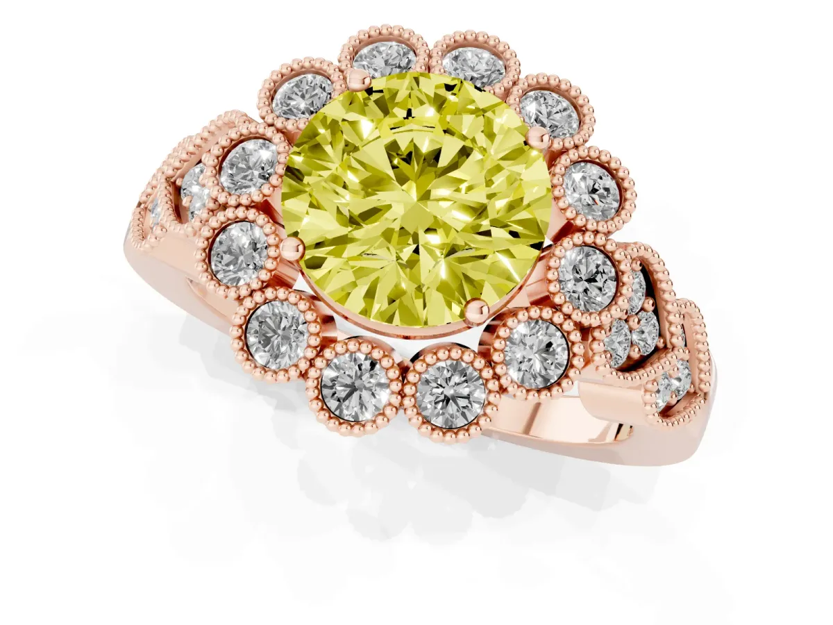 Fancy Yellow Round Cut Brilliant Milgrain Pave Heart Band Solitaire Ring Rose gold