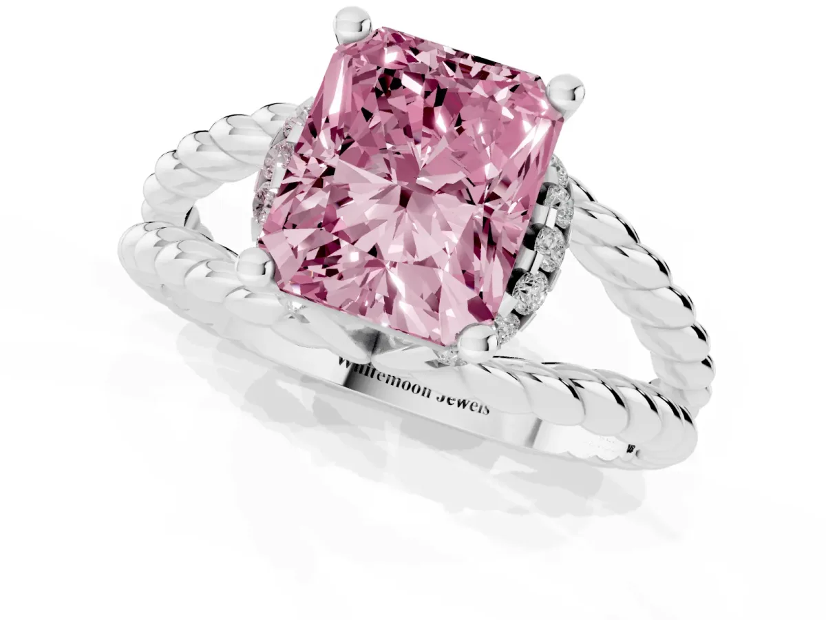 Fancy Pink Radiant Cut Halo Twisted Band Four-Prong Ring Silver