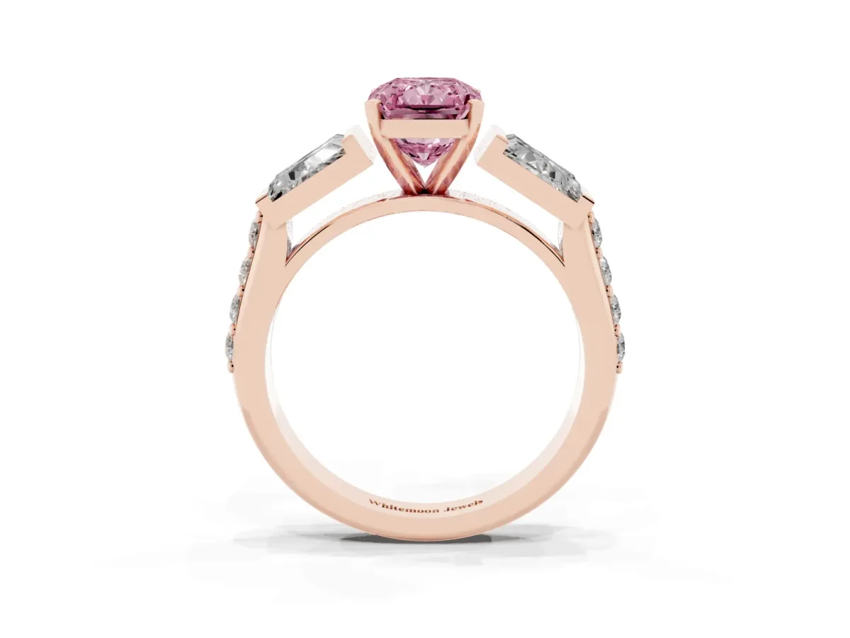 Fancy Pink Radiant Cut Diamond Engagement Ring with Baguette Side Stones and Channel Set Band Rose gold