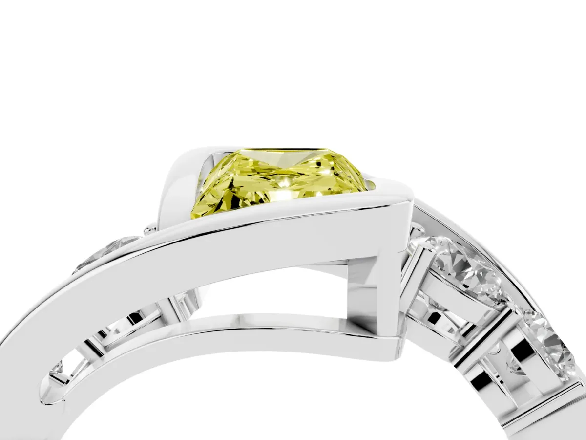 Fancy Yellow Bezel Set Radiant Cut Diamond Bypass Ring with Round Accents Silver