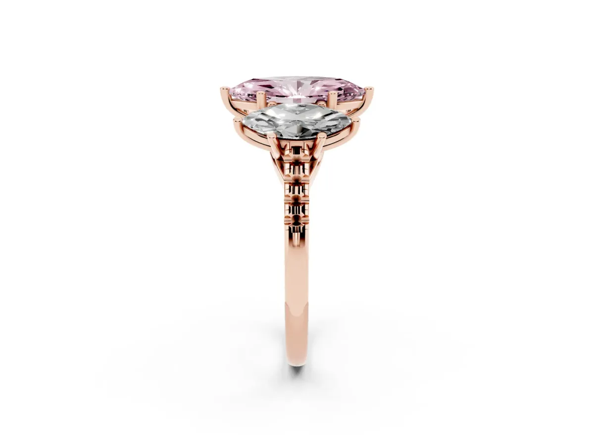 Fancy Pink Three-Stone Marquise Cut Diamond Ring with Round Pavé Band and Prong Setting Rose gold