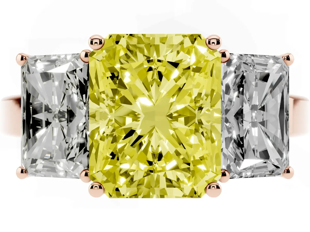 Fancy Yellow Three-Stone Radiant Cut Cut Diamond Engagement Ring with Flat Band and Four-Prong Setting Rose gold