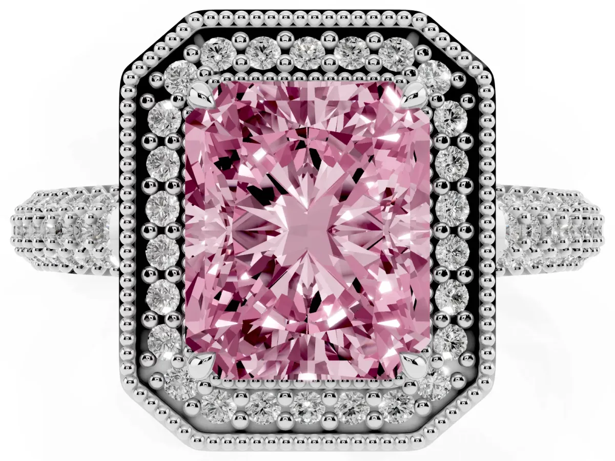 Fancy Pink Radiant Cut Cut Halo Diamond Pave Band with Four-Prong Setting Platinum