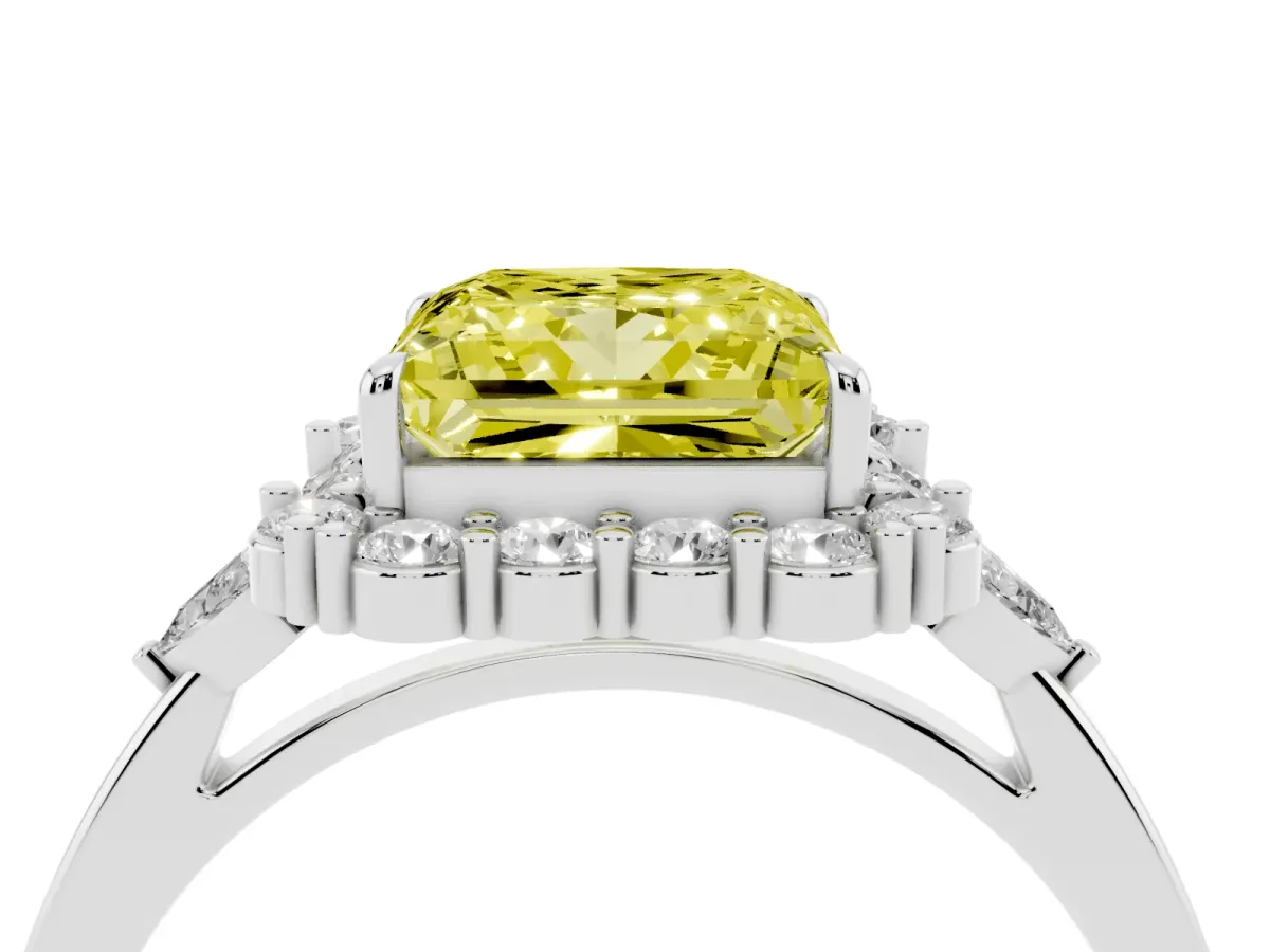 Fancy Yellow Princess Cut Diamond Halo Ring with Pear Side Stones and Prong Setting Silver