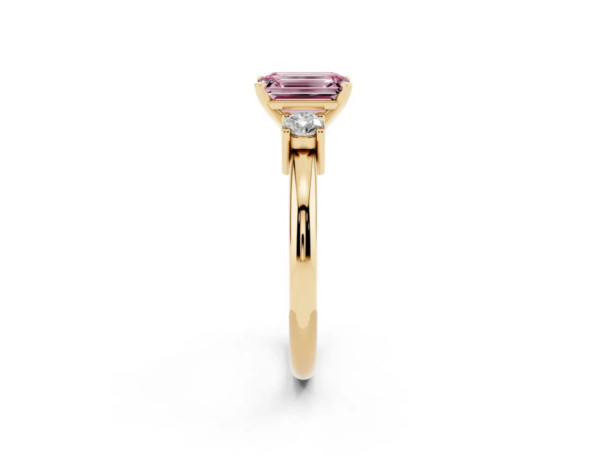 Fancy Pink Three-Stone Emerald Cut Cut Diamond Solitaire with Prong Setting and Classic Band Yellow gold