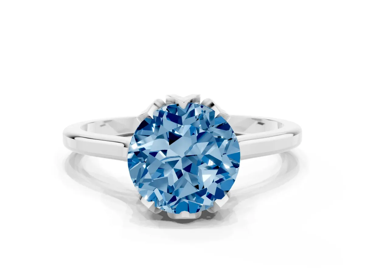 Fancy Blue Round Cut Diamond Solitaire Ring with Flower Prong Setting and Classic Band Silver