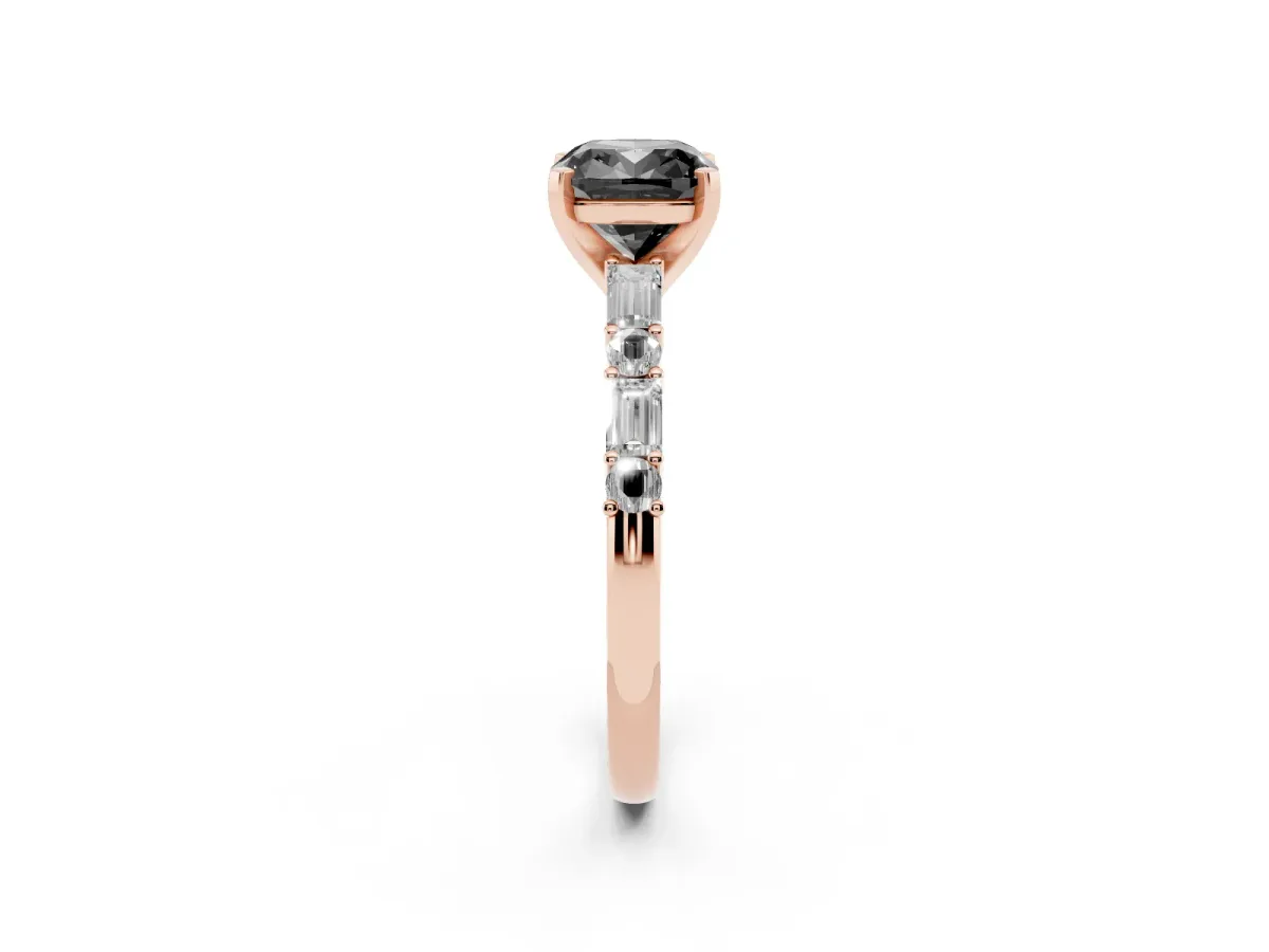 Fancy Black Cushion Cut Diamond Solitaire with Side Baguettes and Channel Set Band Rose gold