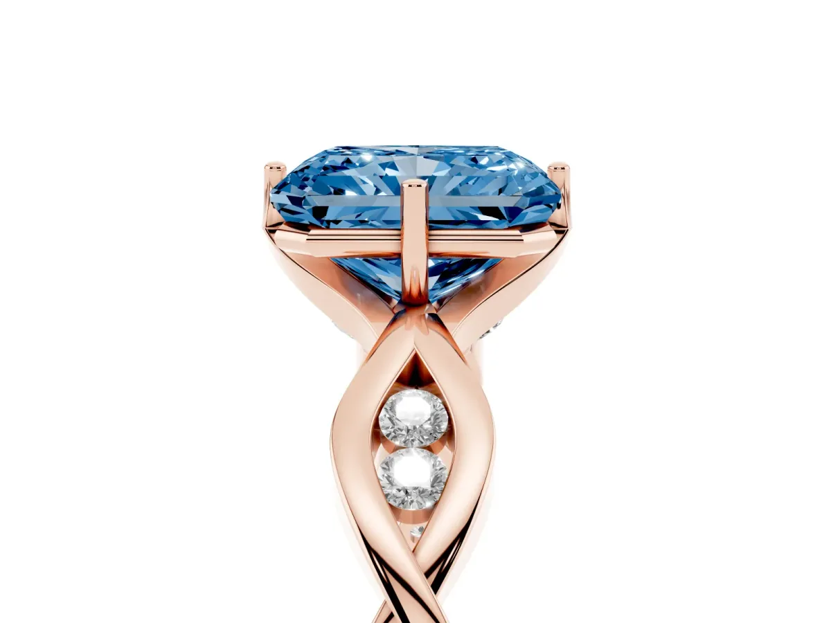 Fancy Blue Radiant Cut Solitaire Twist Band with Leaf Prong Setting Rose gold