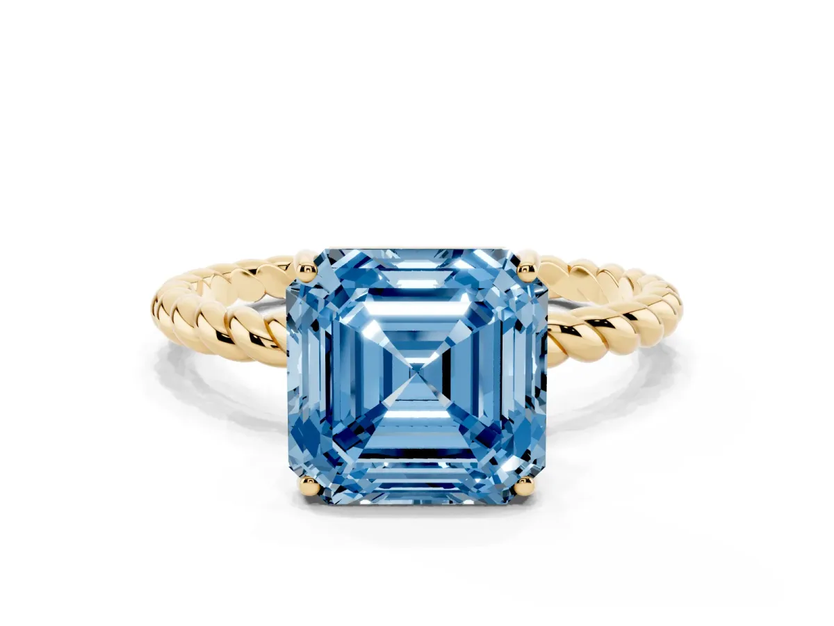 Fancy Blue Asscher Cut Solitaire Twist Band Ring with Four-Prong Setting Yellow gold