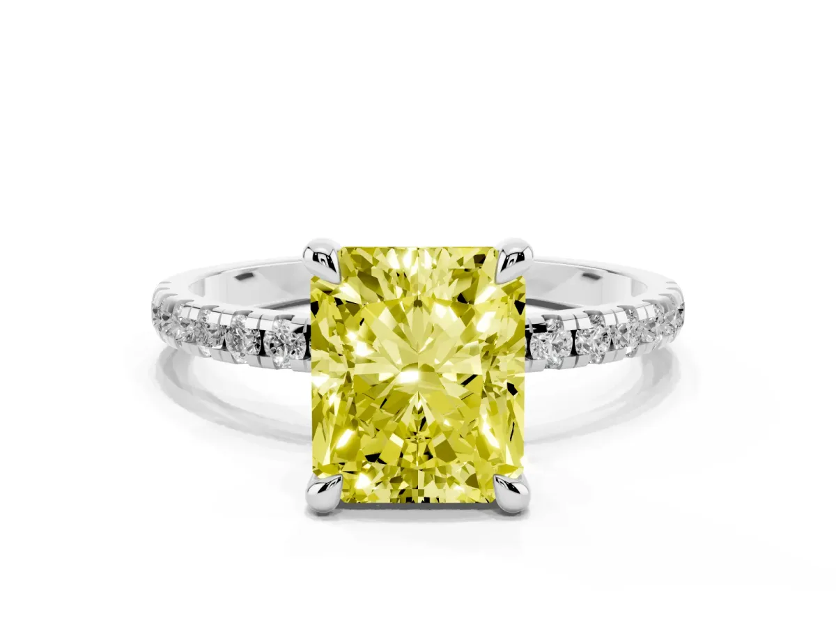 Fancy Yellow Radiant Cut Diamond Brilliant Solitaire Ring with Pavé Band and Four-Prong Setting Silver