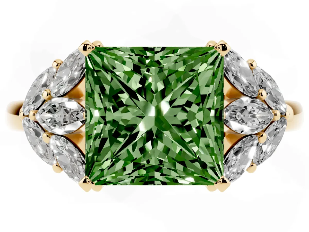 Fancy Green Princess Cut Diamond Cluster Leaf Design Ring with Prong Setting Yellow gold
