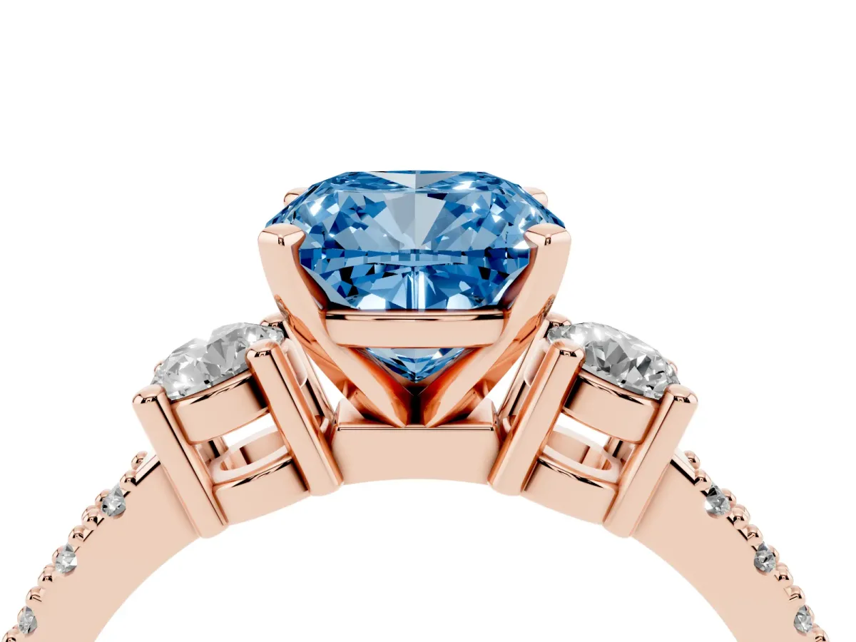 Fancy Blue Cushion Cut Three-Stone Diamond Pavé Band with Prong Setting Rose gold