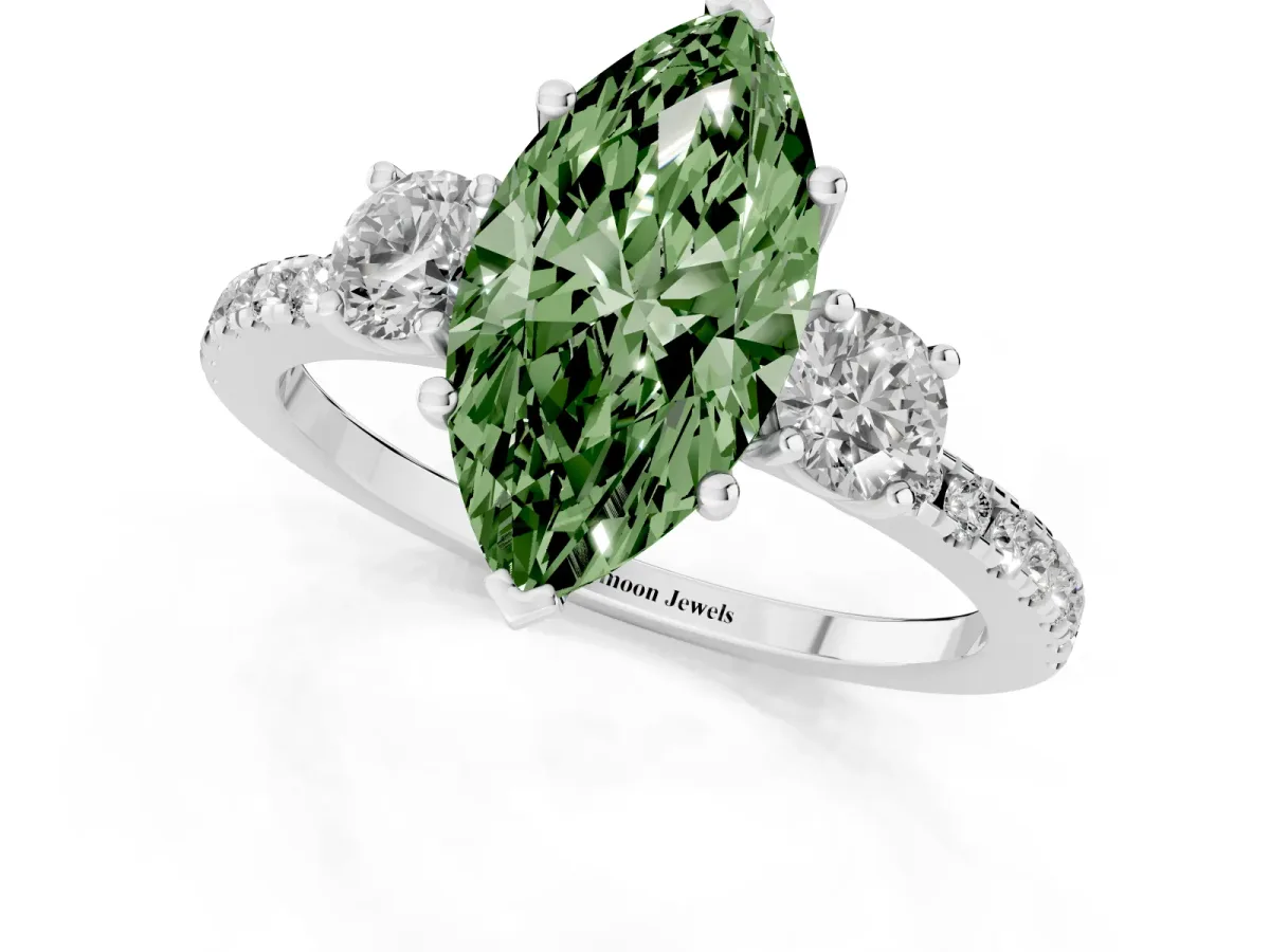 Fancy Green Three-Stone Marquise Cut Cut Diamond Pavé Band with Prong Setting Silver