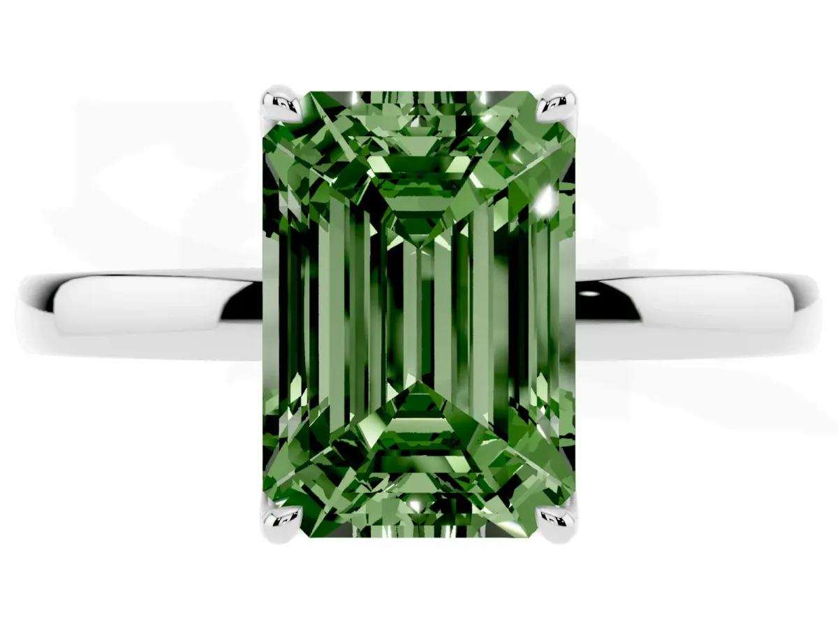 Fancy Green Emerald Cut Diamond Solitaire Ring with Thin Band and Prong Setting Platinum