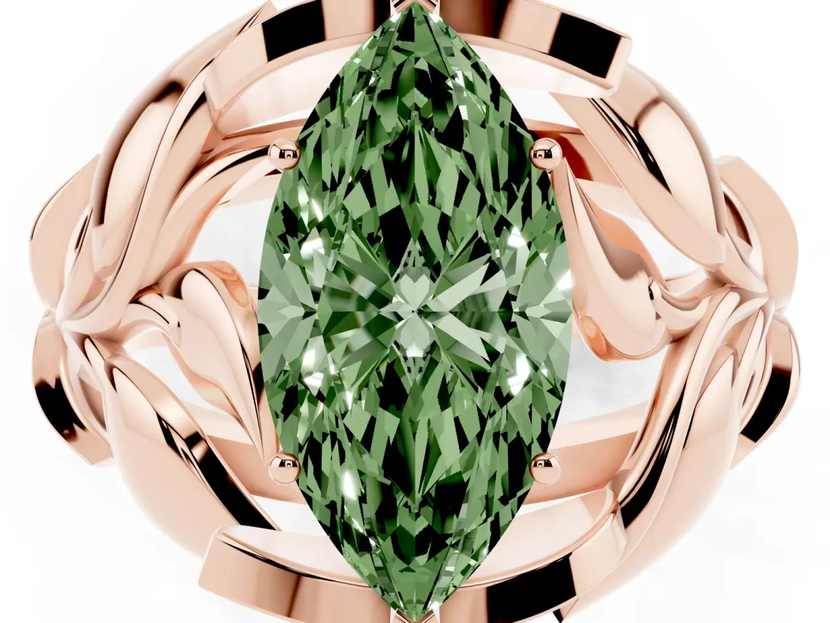 Fancy Green Marquise Cut Diamond Leaf-Inspired Engagement Ring with Round Accents and Prong Setting Rose gold