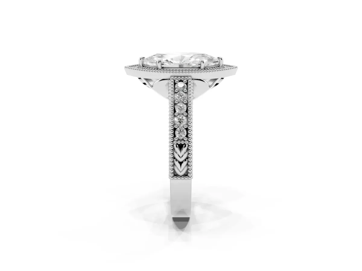 Marquise Cut Cut Halo Diamond Ring with Pavé Band and Four-Prong Setting Platinum