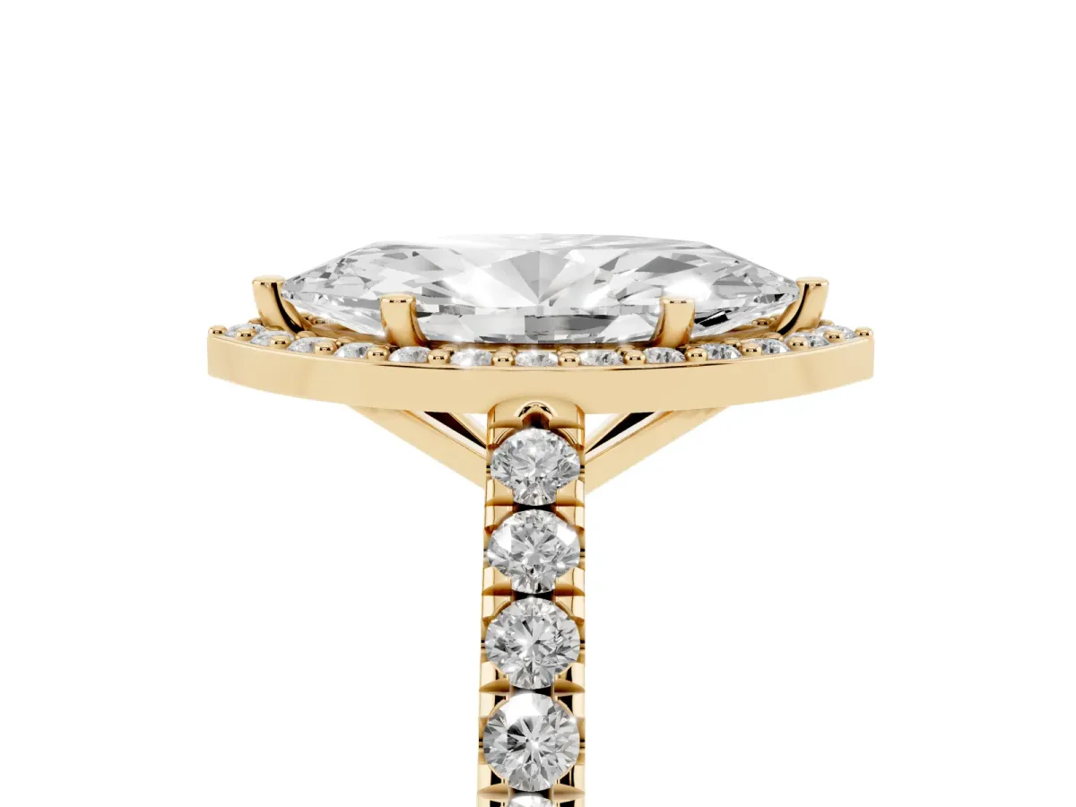 Marquise Cut Cut Halo Diamond Engagement Ring with Pave Band and Four-Prong Setting Yellow gold