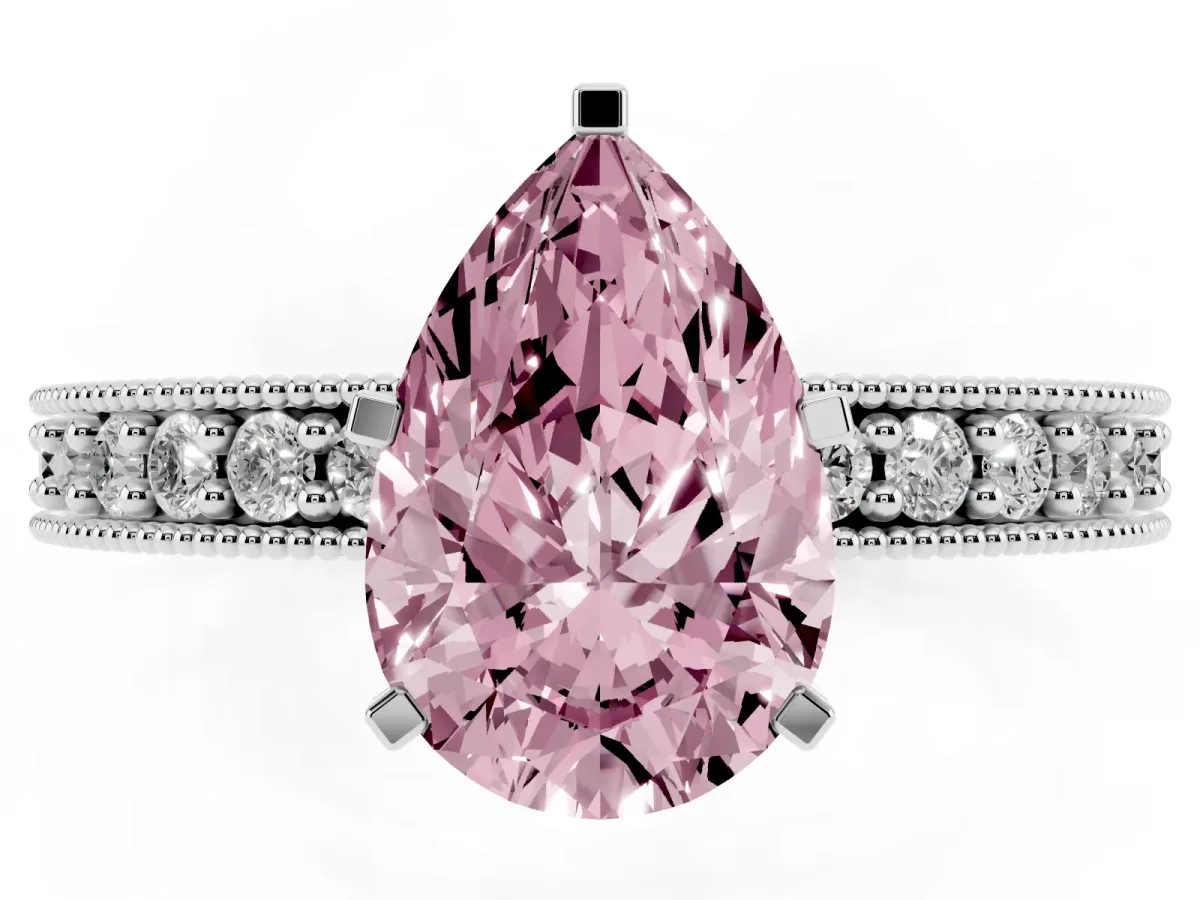 Fancy Pink Pear Cut Diamond Milgrain Pavé Engagement Ring with Four-Prong Setting Silver