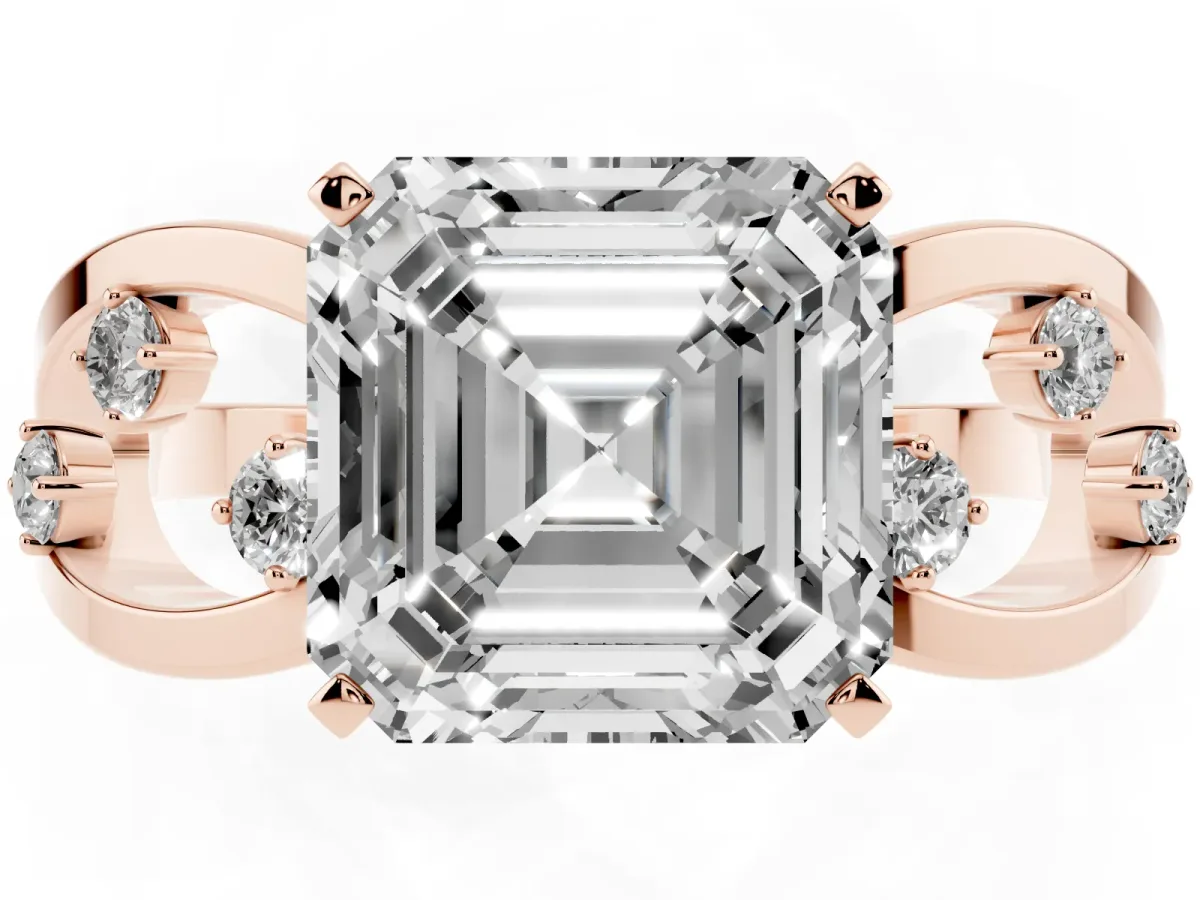 Asscher Cut Cut Solitaire Diamond with Side Stones on Criss-Cross Band and Four-Prong Setting Rose gold