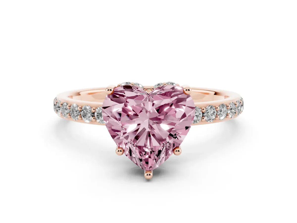 Fancy Pink Heart Cut Diamond Solitaire Ring with Pavé Band and Hidden Halo Rose gold