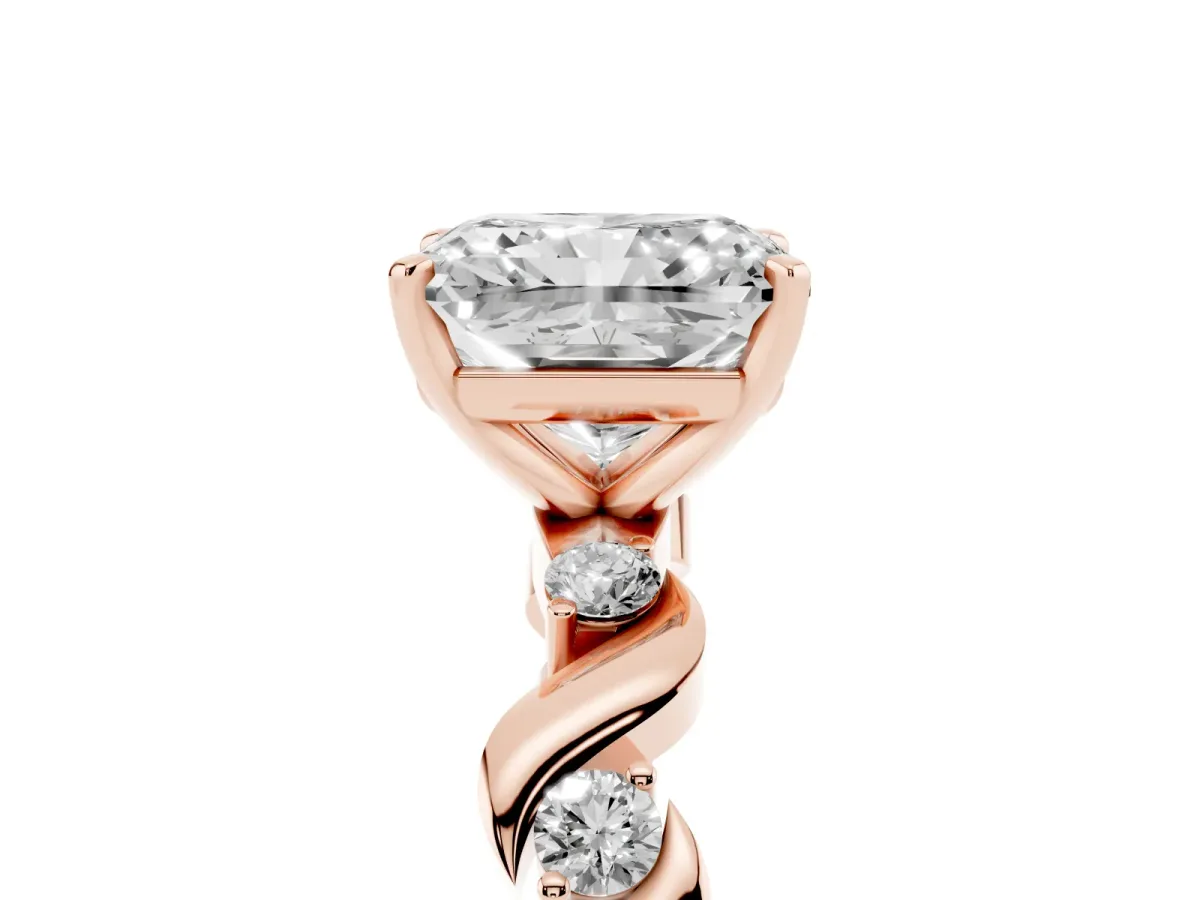 Radiant Cut Diamond Solitaire Twisted Band with Round Accents and Prong Setting Rose gold